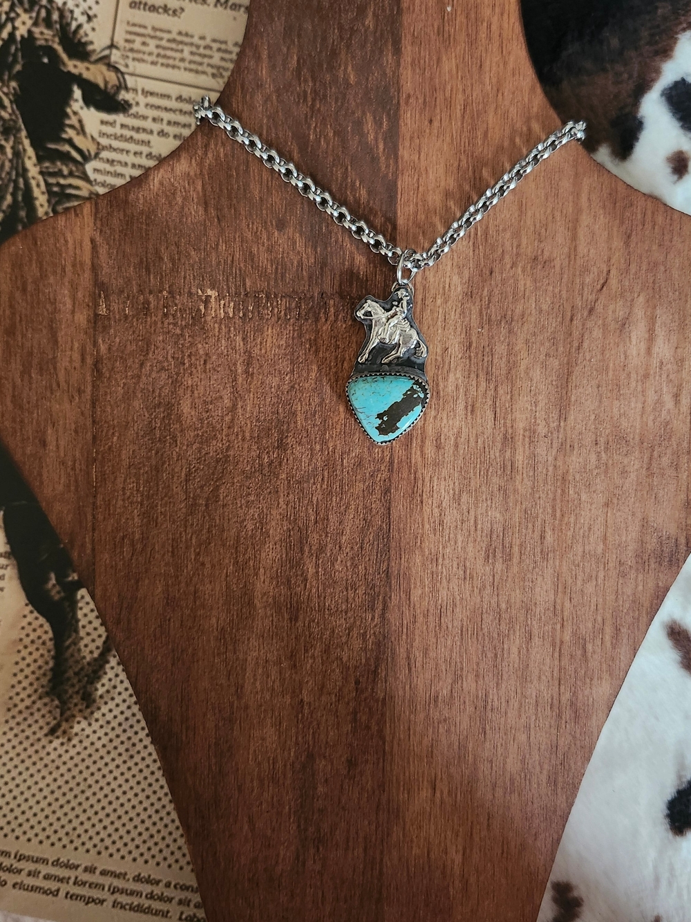 Handcrafted Sterling Silver & Mine 8 Turquoise Reining Horse Necklace